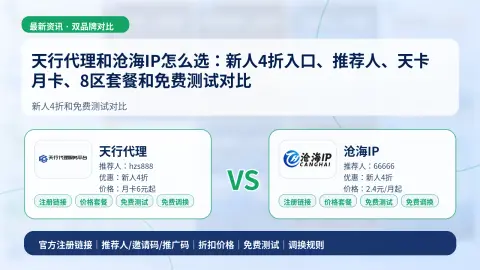 天行代理和沧海IP怎么选：新人4折入口、推荐人、天卡月卡、8区套餐和免费测试对比封面图