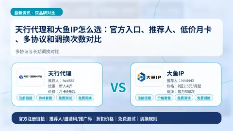 天行代理和大鱼IP怎么选：官方入口、推荐人、低价月卡、多协议和调换次数对比封面图