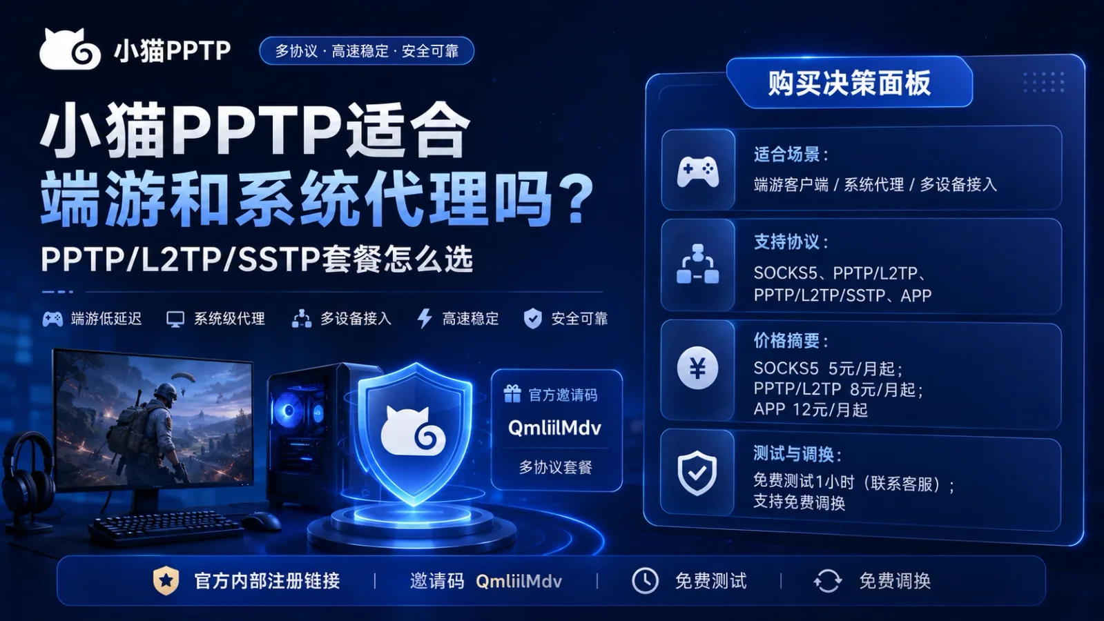 小猫PPTP适合端游和系统代理吗？PPTP/L2TP/SSTP套餐怎么选封面图