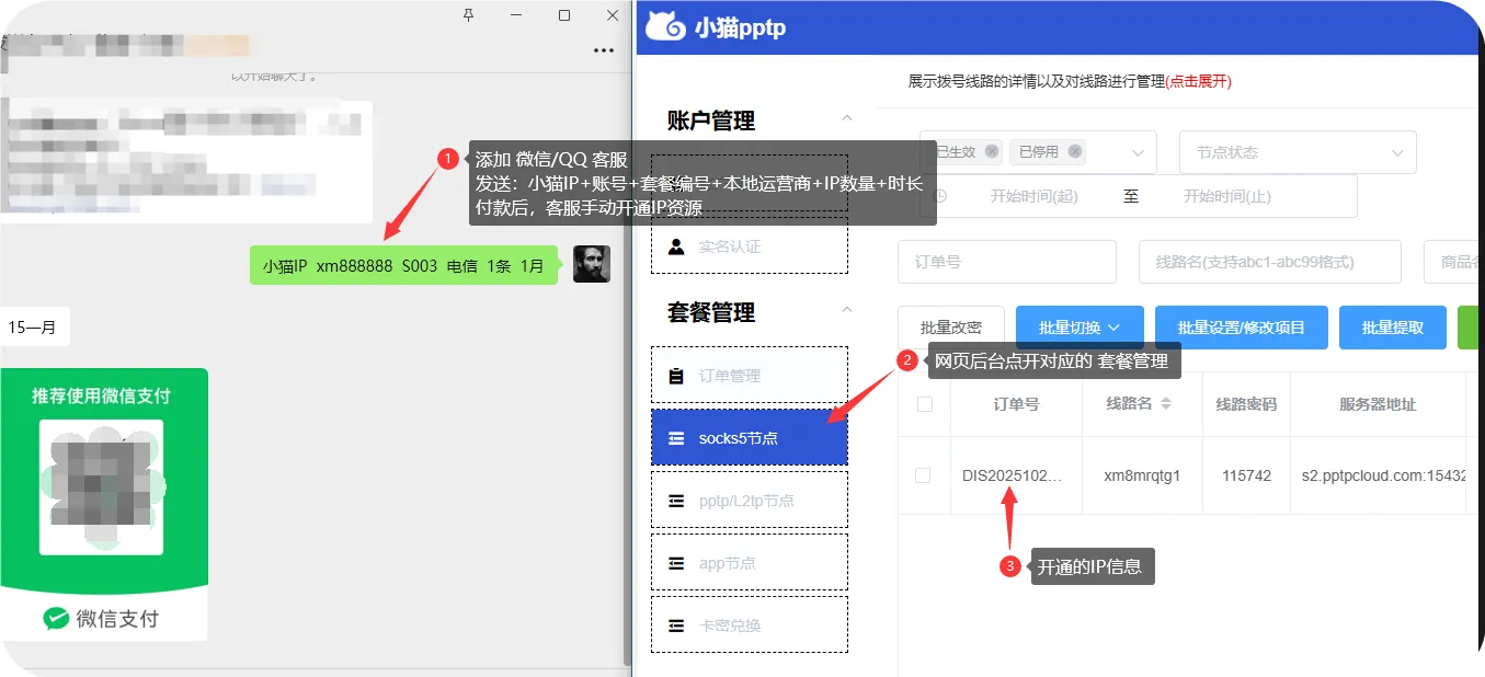 小猫PPTP联系客服与资源开通页面