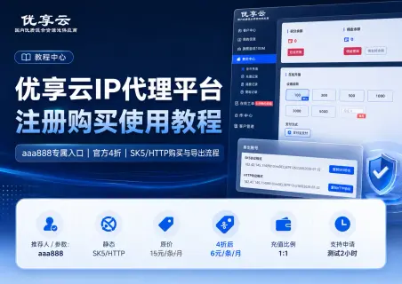 优享云IP代理平台注册购买使用教程：优享云IP专属链接aaa888、4折充值购买与Socks5/HTTP导出流程封面图