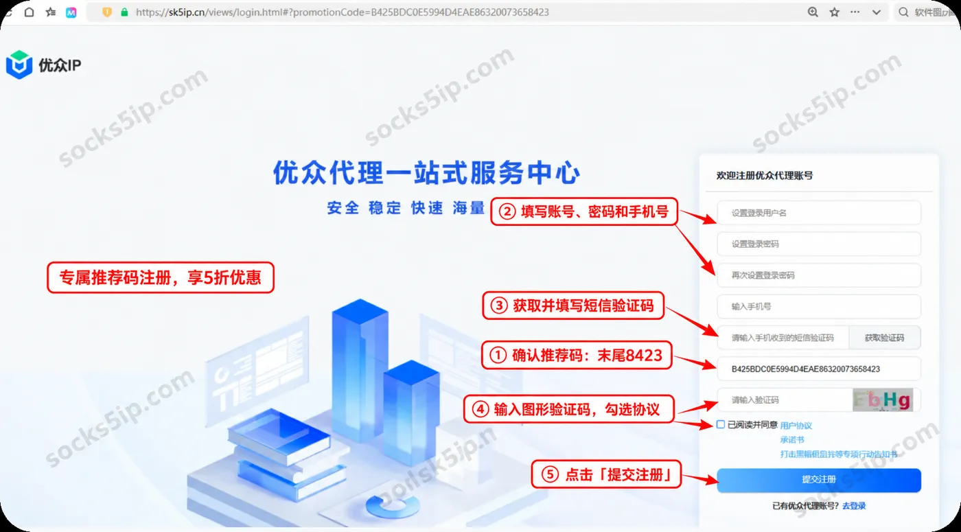 优众IP注册:核对末尾8423的推荐码,填写资料与验证码后提交注册