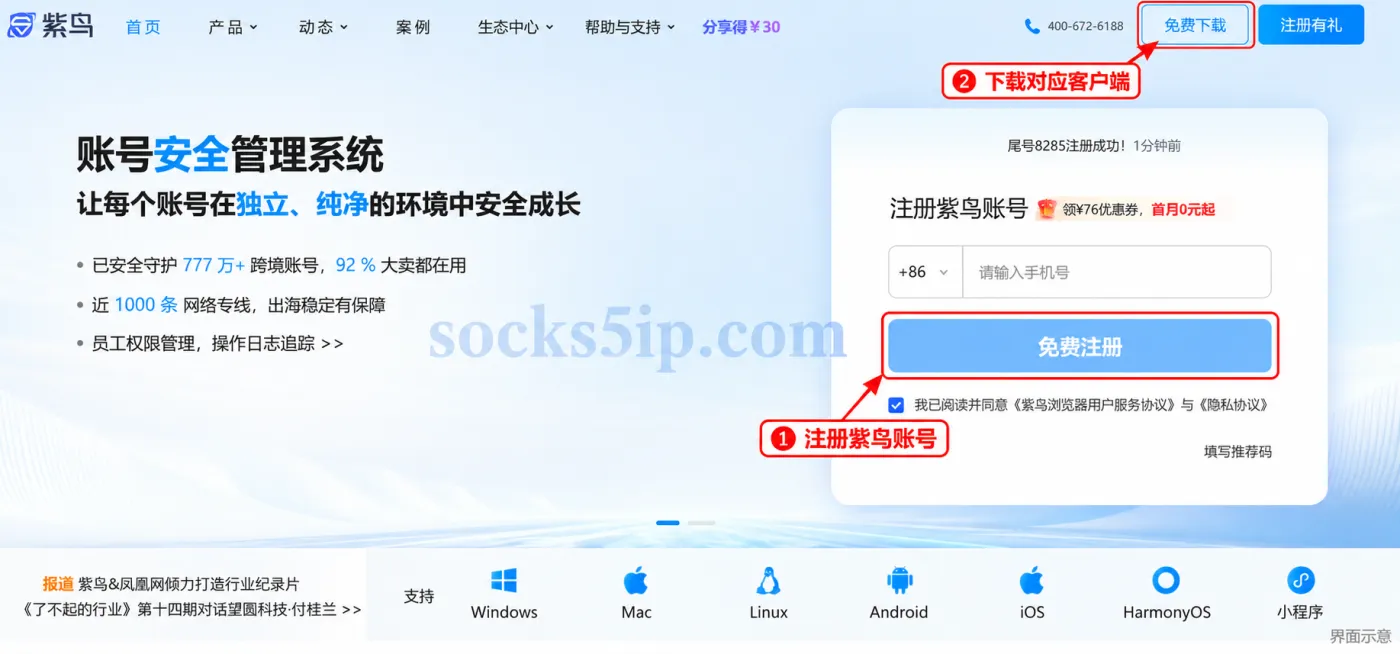 紫鸟官网注册和客户端下载入口示意